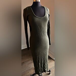 Women's Olive Green Ribbed Crepe Dress